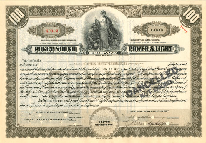 Puget Sound Power and Light Co. - Utility Unissued Stock Certificate